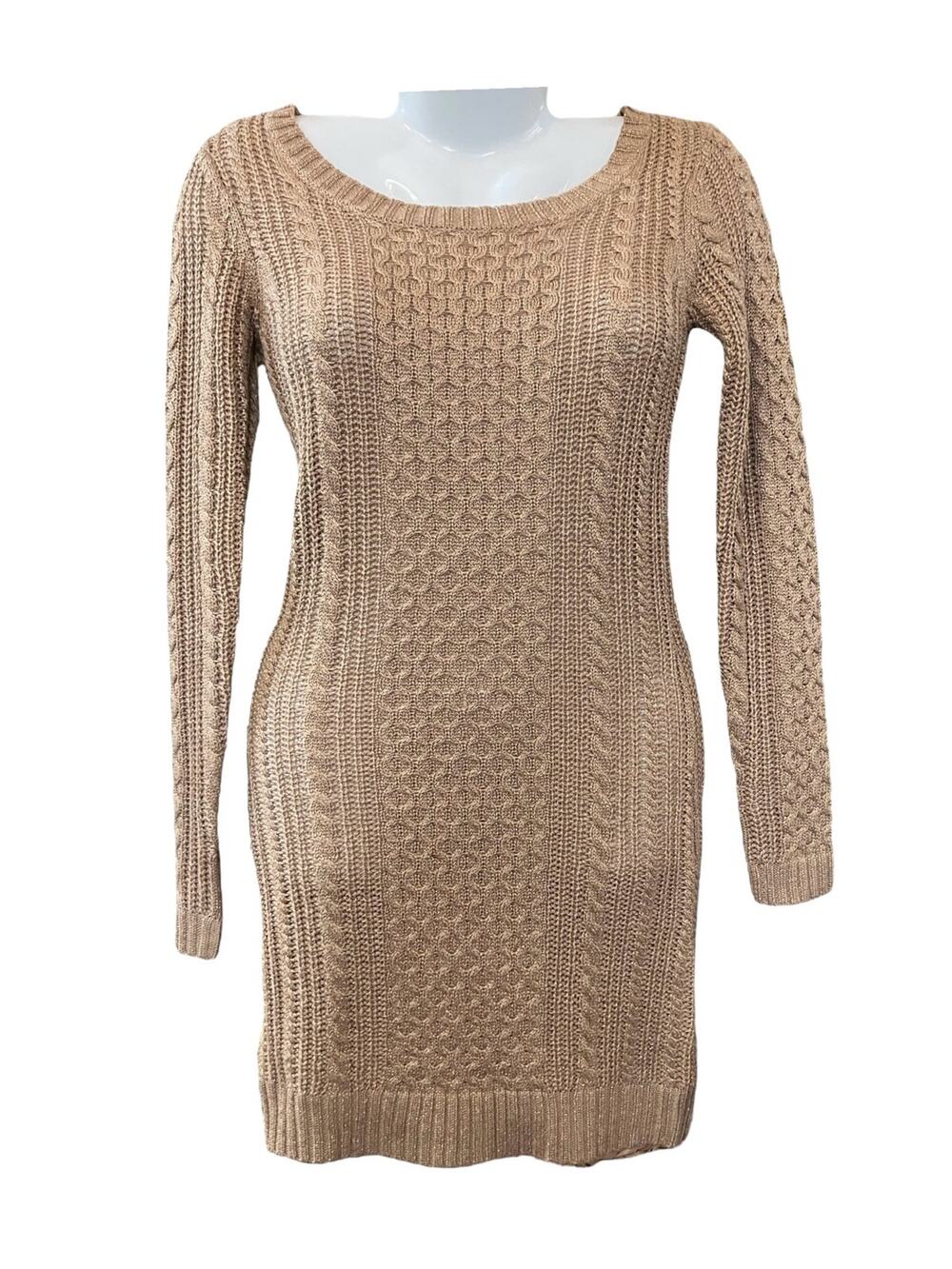 WOW Couture Women's Gold W Metallic Slim Fit Cable Knit Sweater Dress | Size S